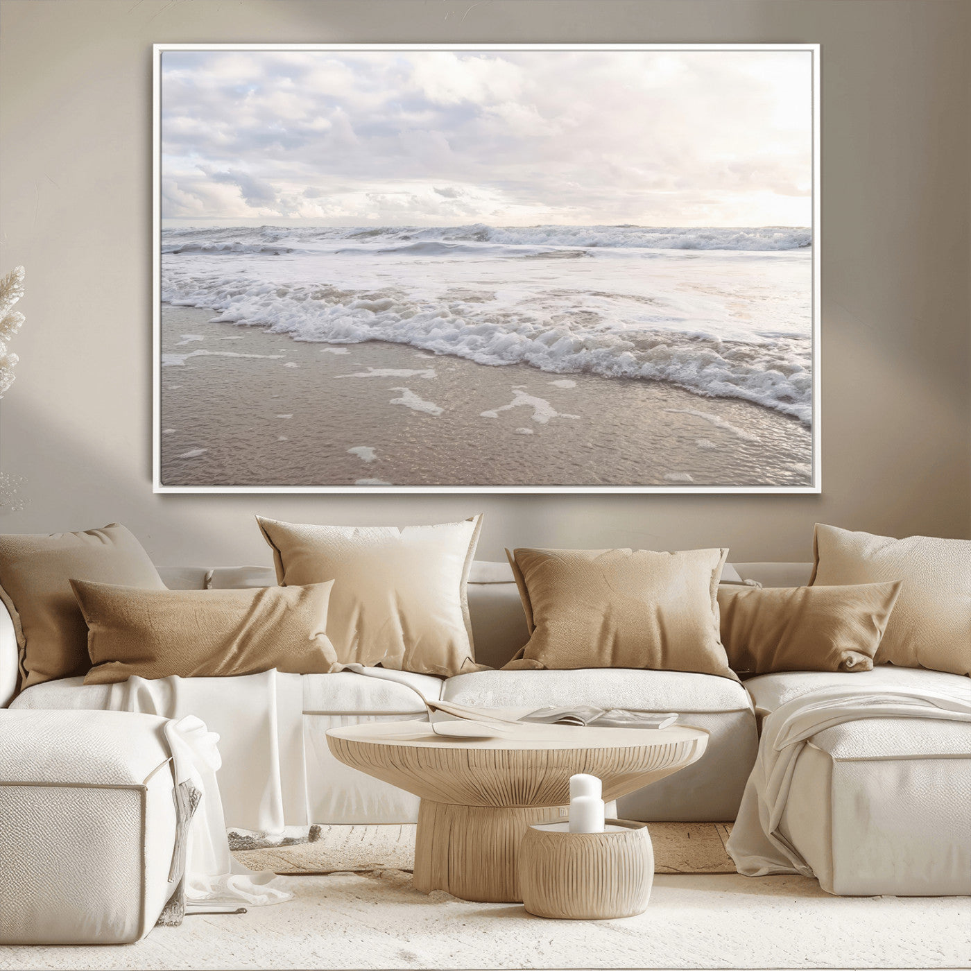 Peaceful ocean waves rolling onto the sandy shore under soft light, perfect for neutral or coastal minimalist decor themes.