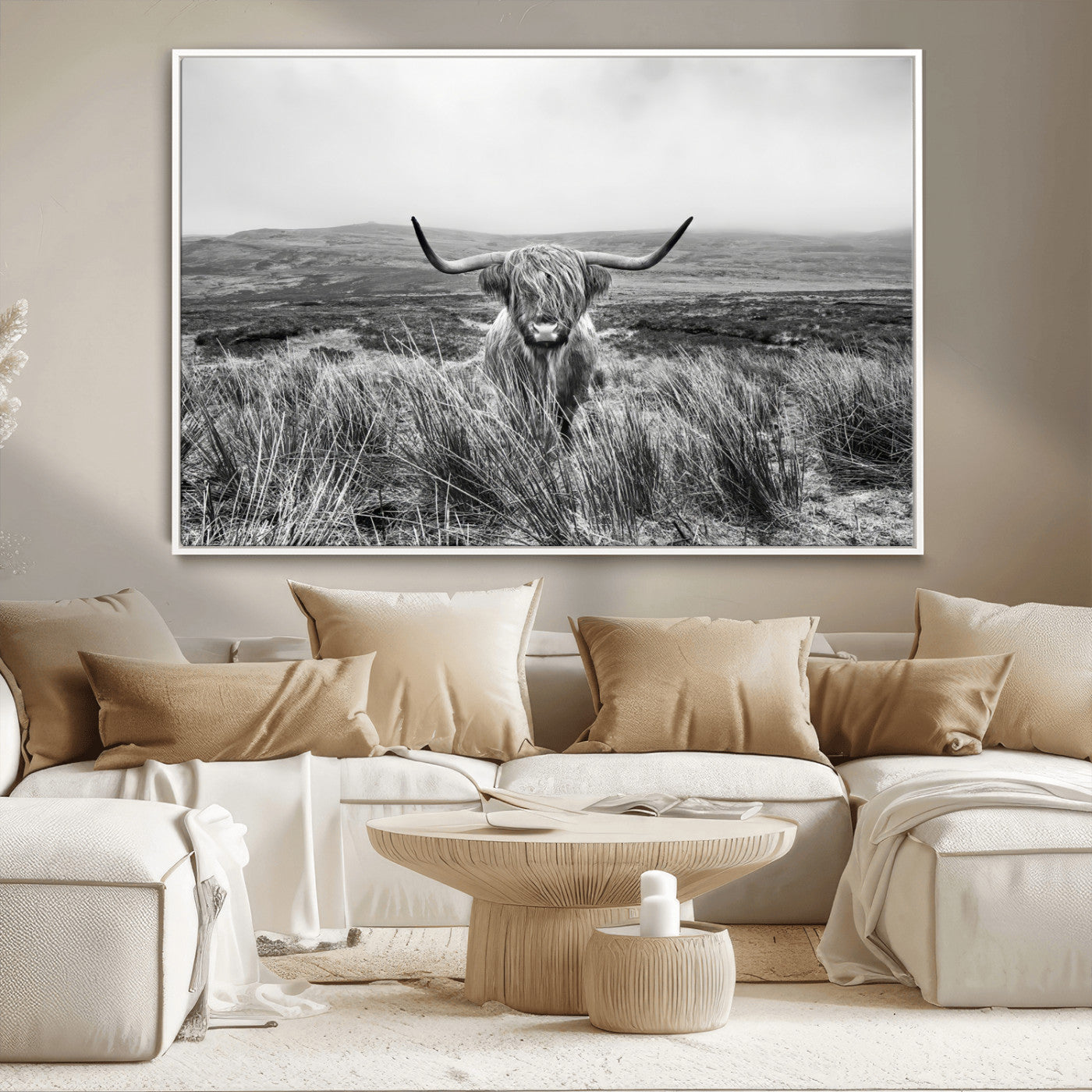 A black and white portrait of a Highland cow in a foggy Scottish countryside, capturing a rustic aesthetic and tranquil farm escape.