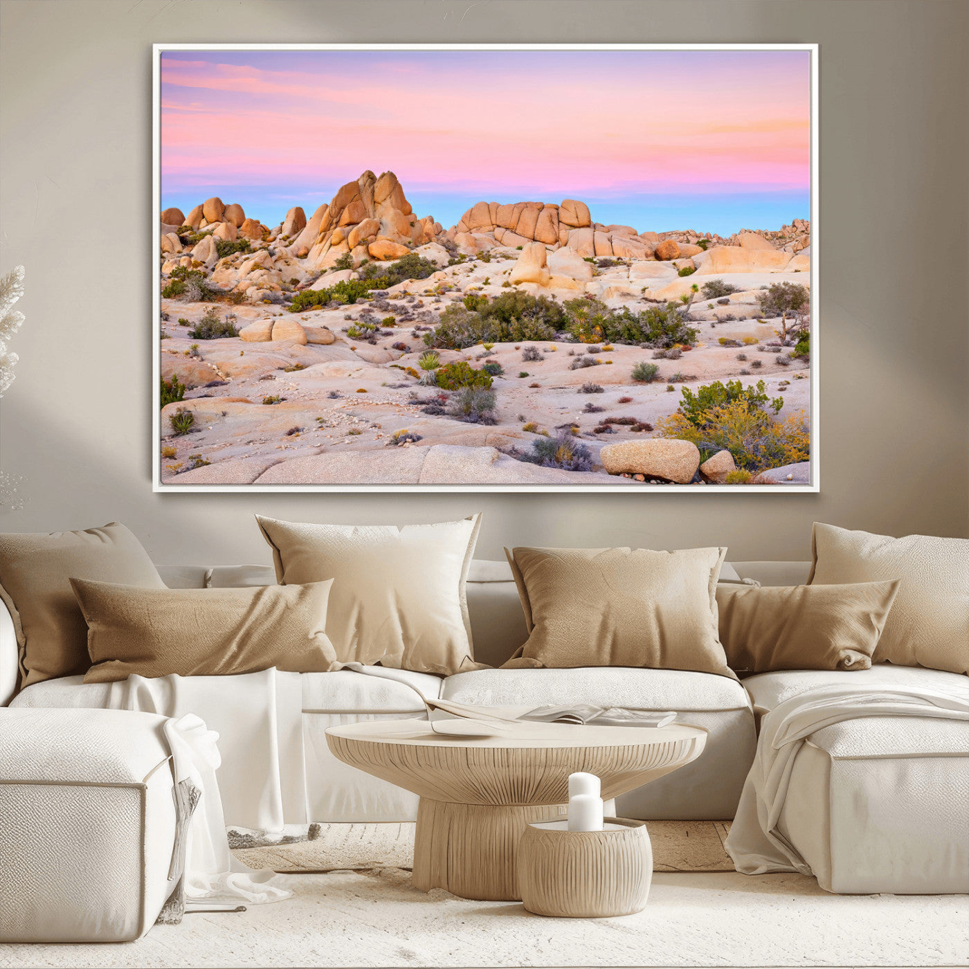 A breathtaking desert landscape featuring rugged rock formations under a vibrant pastel sunset sky, capturing the warmth and serenity of a Southwestern wilderness.