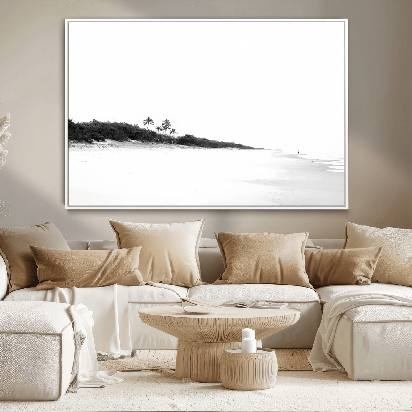 A black and white minimalist coastal scene with a vast open beach, distant palm trees, and a lone figure walking along the shoreline, evoking serenity and solitude.