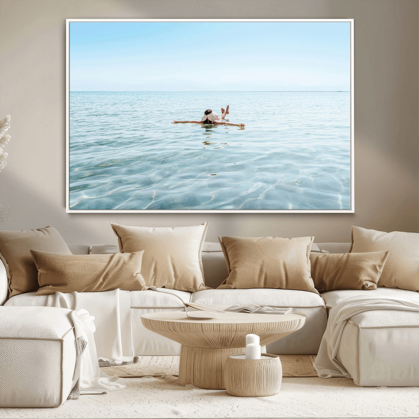 A peaceful minimalist scene of a person floating on crystal-clear water, surrounded by a vast open horizon, capturing relaxation and serenity in a tranquil aquatic setting.