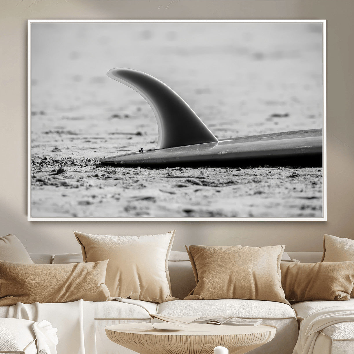 MGV-FC-36X24 - Black White Surfboard Wall Art Canvas Print, Framed Minimalist Beach Art Picture Print, Surf Fin Perfect Minimalist Coastal Decor Artwork