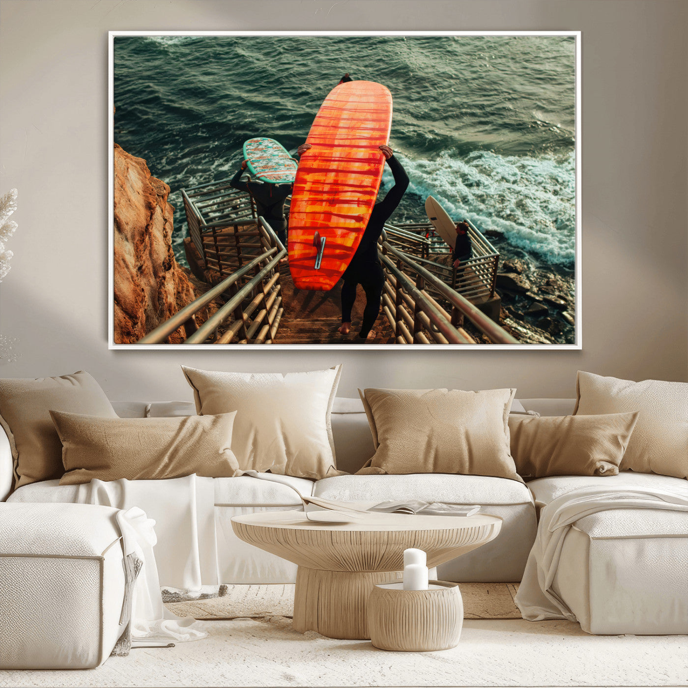 MGV-FC-36X24 - Surfer Stairway Wall Art Canvas Print, Framed Ocean Surf Art Picture Print, Sunset Coastal Perfect Coastal Adventure Decor Artwork