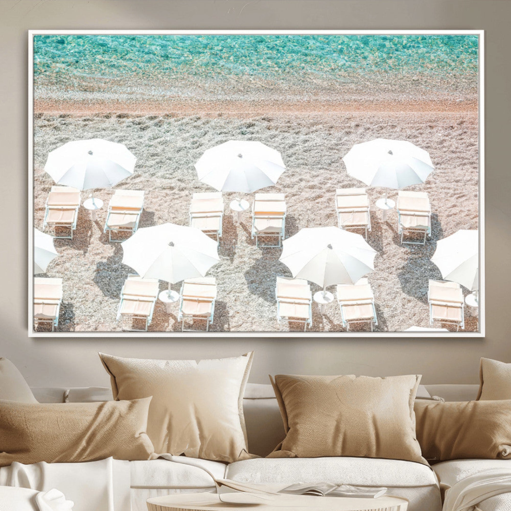 87750525-MGV-CV-36X24-Calm Beach Wall Art Canvas Print – Framed Turquoise Water Art Picture Umbrella Shoreline Artwork for Home Office