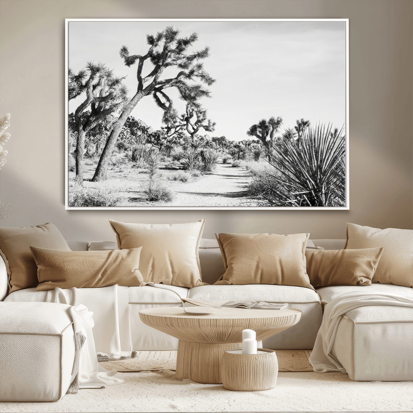 Canvas of a Joshua Tree forest in black and white tones, featuring a desert path and spiky vegetation, ideal for minimalist or rustic decor.