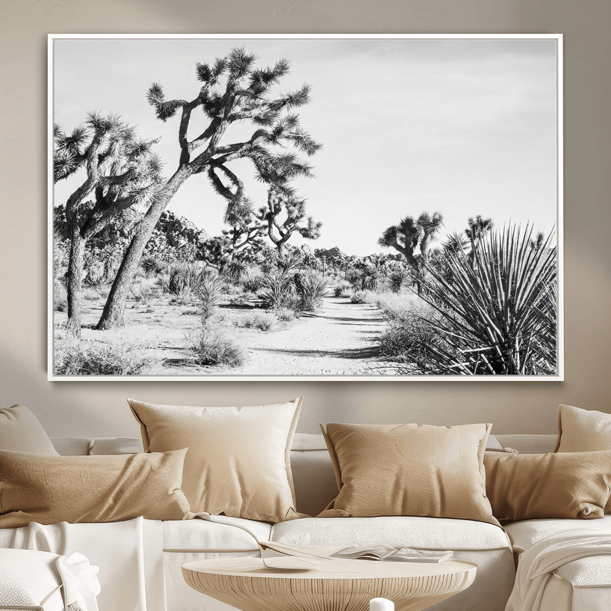 88164251-MGV-CV-36X24-Joshua Tree Desert Wall Art – Black & White Canvas Print, Nature Serenity Decor for Guest Room, Office or Living Room