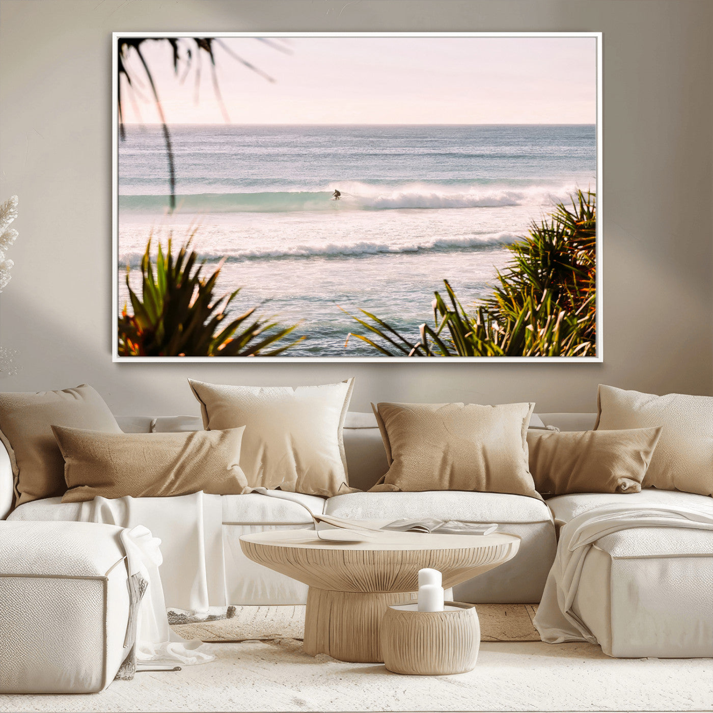 Canvas of a lone surfer riding a pastel wave at sunrise, perfect for tropical or coastal-themed spaces with a relaxed, airy vibe.