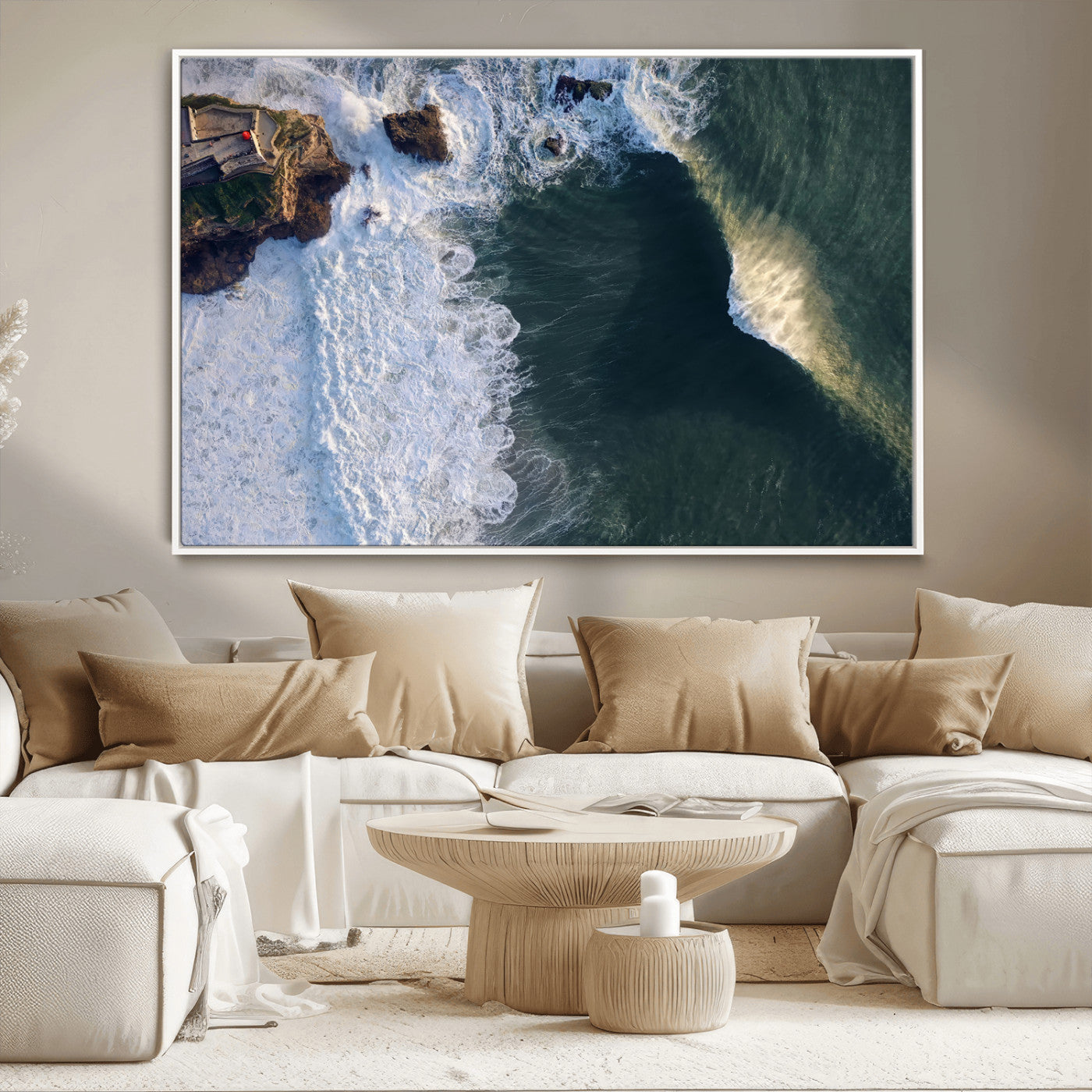 Canvas showing an aerial view of crashing waves along the Nazaré coastline, perfect for dramatic coastal or ocean-themed home decor.