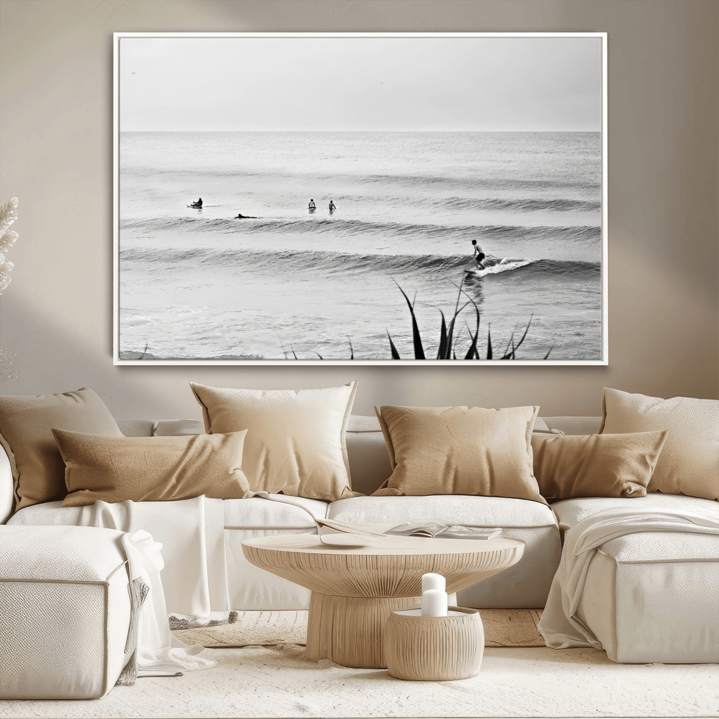 Monochrome canvas of surfers on calm ocean waves, ideal for minimalist coastal or beach-inspired interior decor.