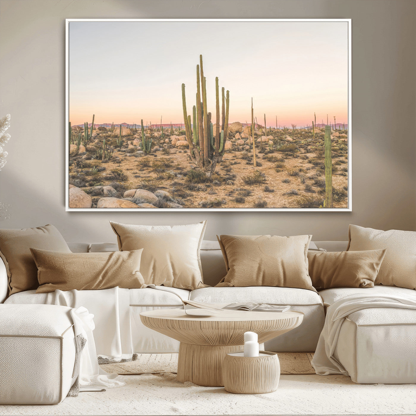 Canvas of tall desert cacti in warm sunset tones over a rocky Baja landscape, ideal for earthy or Southwestern-style home decor.