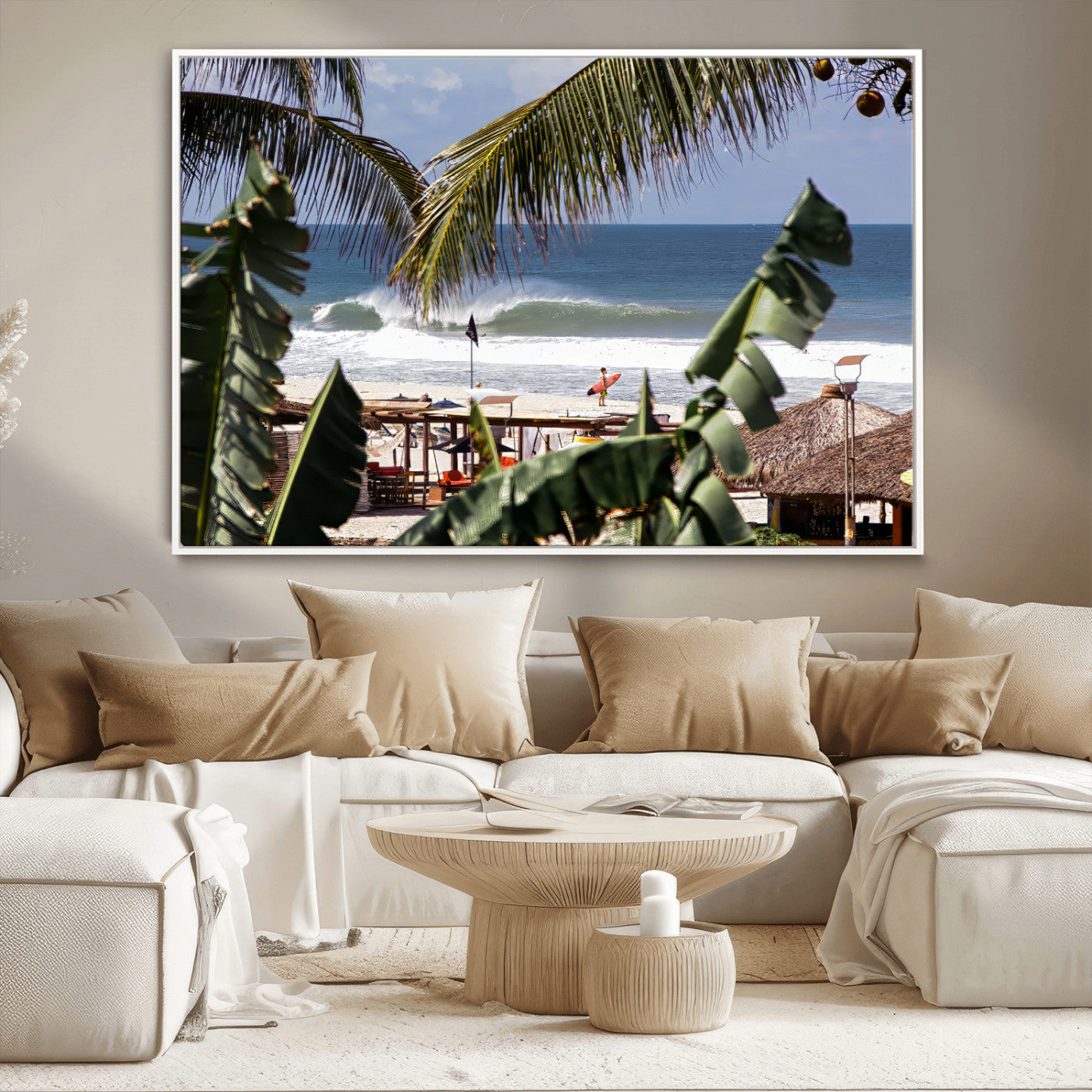 Canvas wall art of a tropical surf scene framed by palm trees, with a surfer on the shore and waves rolling in, ideal for beach-themed decor.