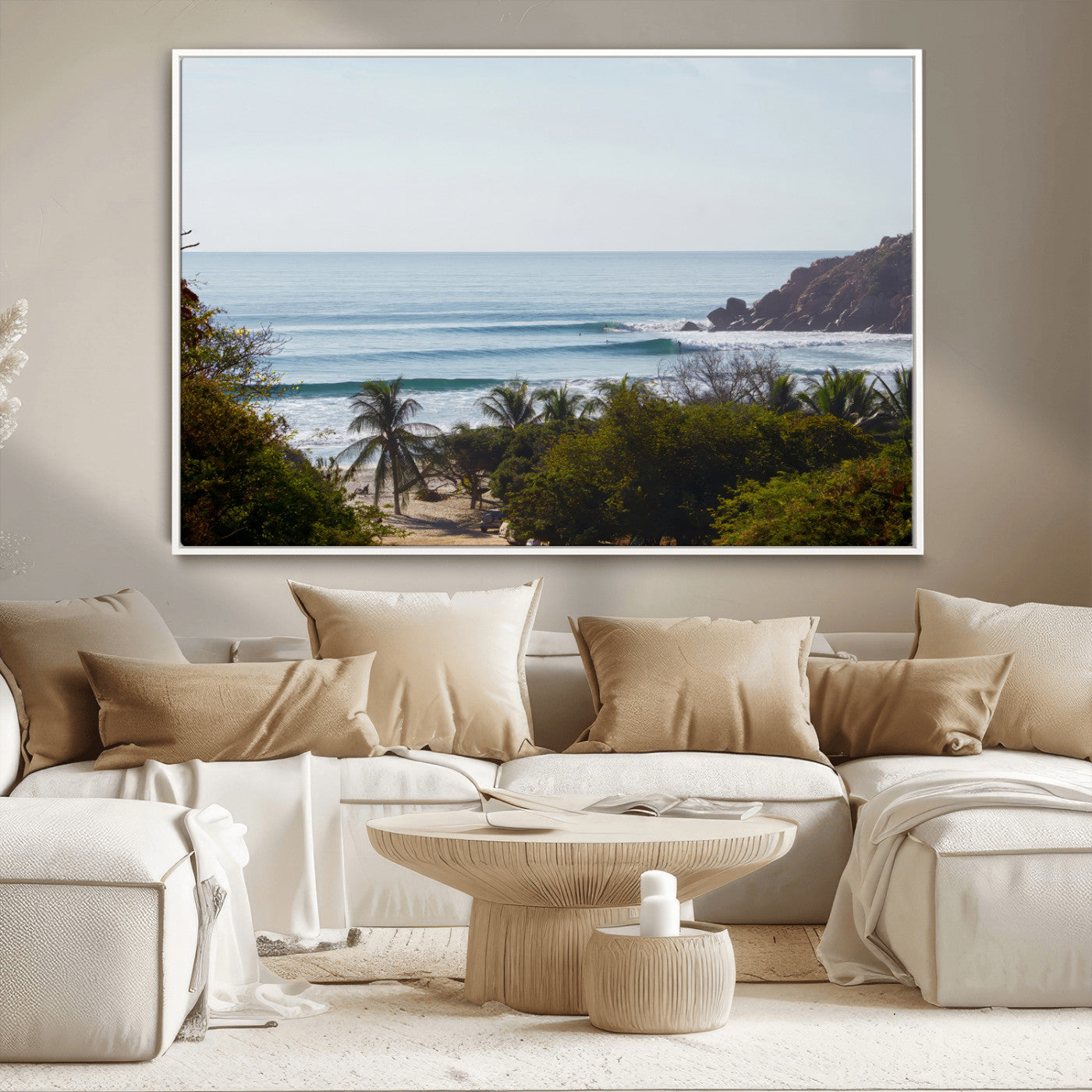 View of calm ocean waves with palm trees and a tropical coastline, ideal for coastal boho or beach-themed wall decor.