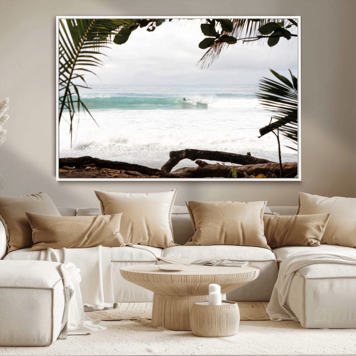 Tropical beach view with palm trees and surfer riding a wave, perfect for boho or coastal-inspired interior wall decor.