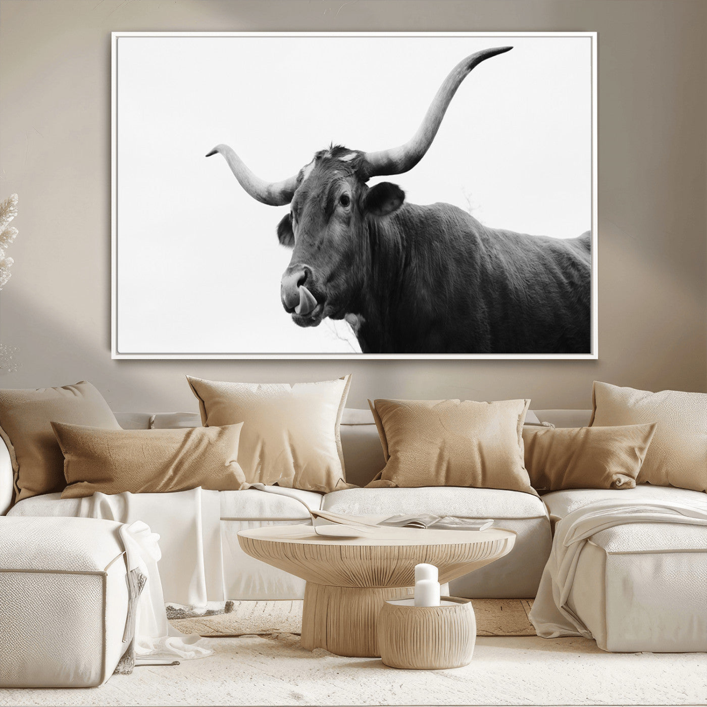 Black and white photo of a Texas Longhorn cow with curved horns, ideal for rustic, western or minimalist style home decor.