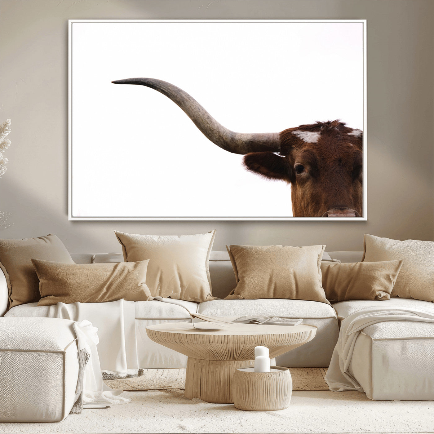 Close-up of Texas Longhorn horn and eye on white background, perfect for minimalist or modern farmhouse style wall decor.