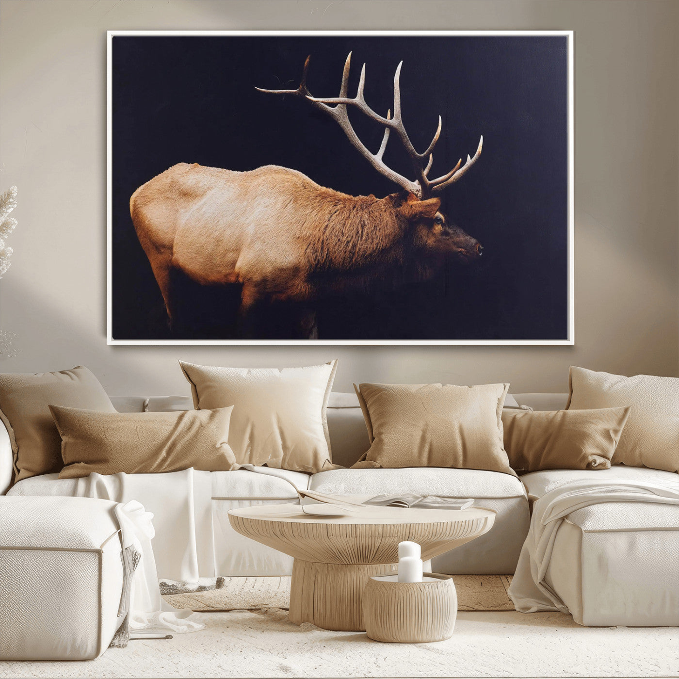 Side profile of an elk with large antlers on dark background, creating a bold rustic statement for cabin or Western-themed decor.