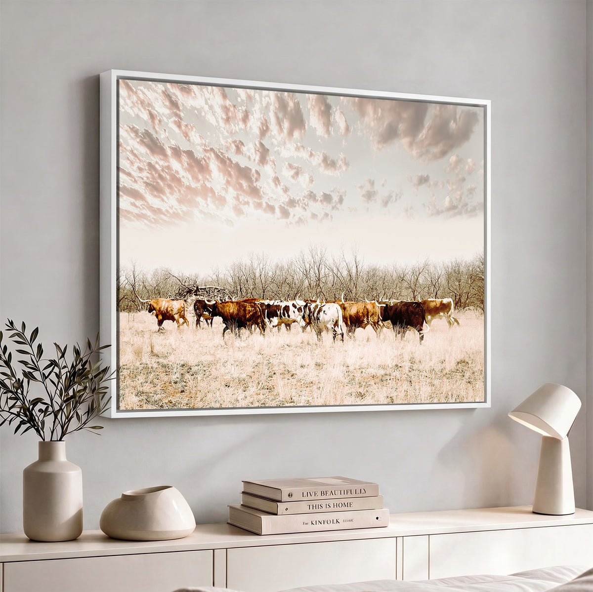 64892775-MGV-CV-24X16 - Longhorn Cattle Wall Art Canvas Print, Framed Texas Ranch Art, Western Cow Print, Prairie Landscape Decor