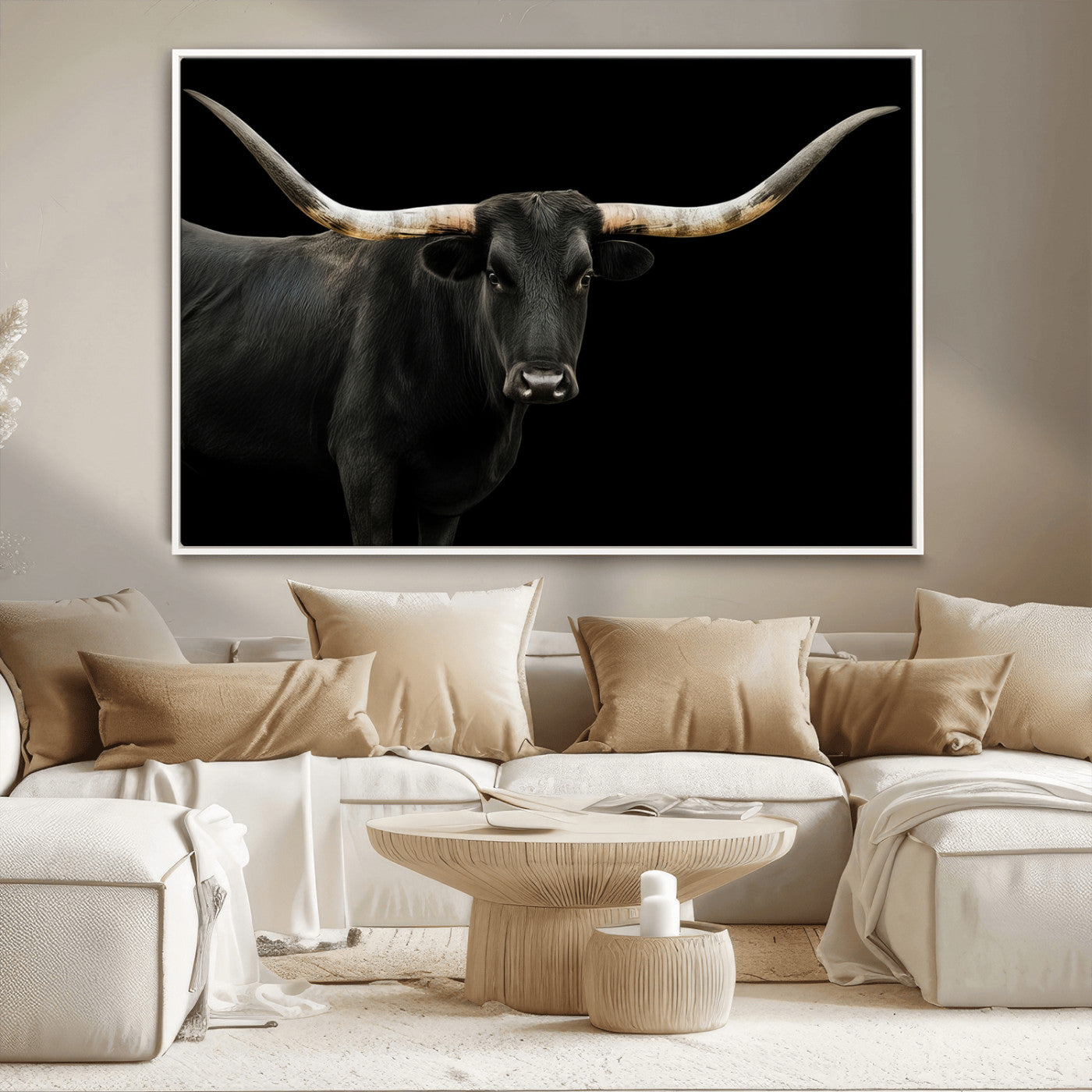 MGV-FC-36X24 - Longhorn Cattle Wall Art Canvas Print, Framed Texas Ranch Art Picture Print, Western Cow Perfect Farmhouse Decor Artwork