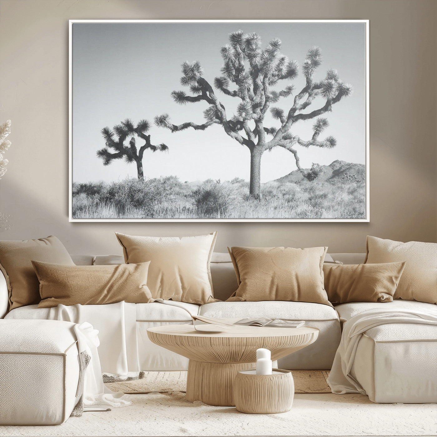 Two Joshua trees in a black and white desert landscape with distant hills, ideal for boho or rustic interior wall styling.