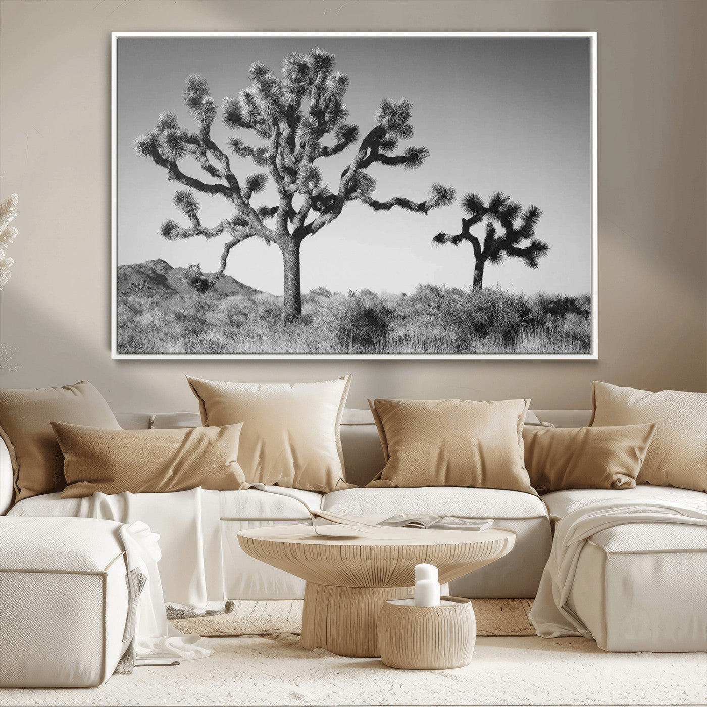 Black and white desert scene with two Joshua trees under clear sky, perfect for rustic or boho-inspired home decor.