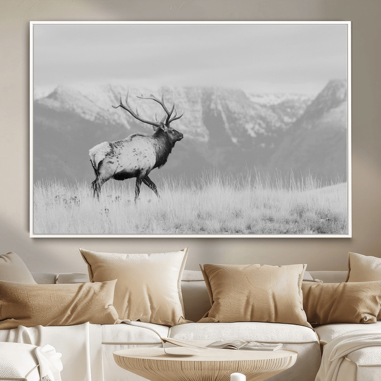 36150391-MGV-FC-36X24 - Wall Art Canvas Print – Majestic Elk Black & White Wilderness, Scenic Mountain and Grassland Landscape, Wildlife Nature Decor for Home or Office