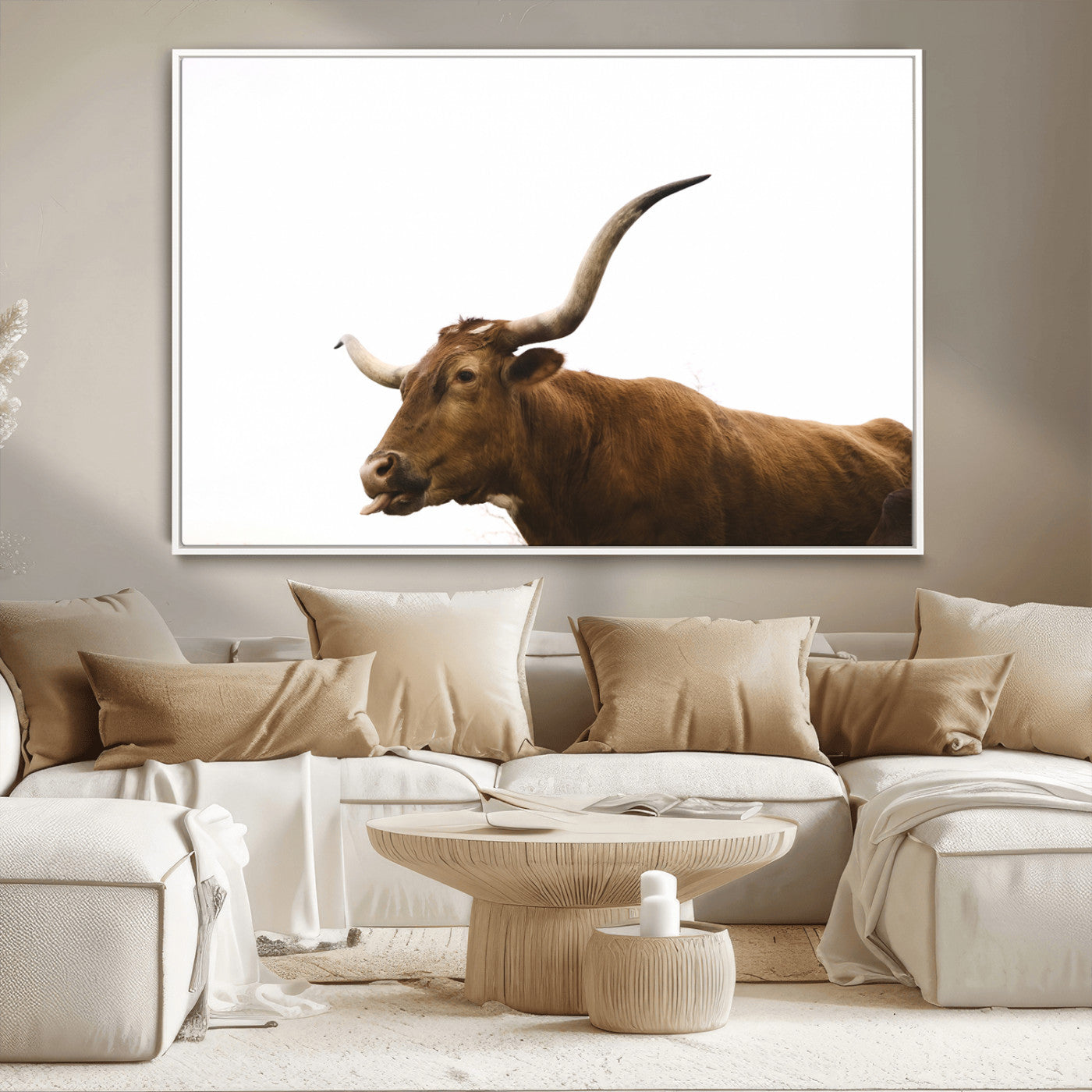 Minimal photo of a longhorn cow with white background, ideal for rustic, western or farmhouse-style interior decor.