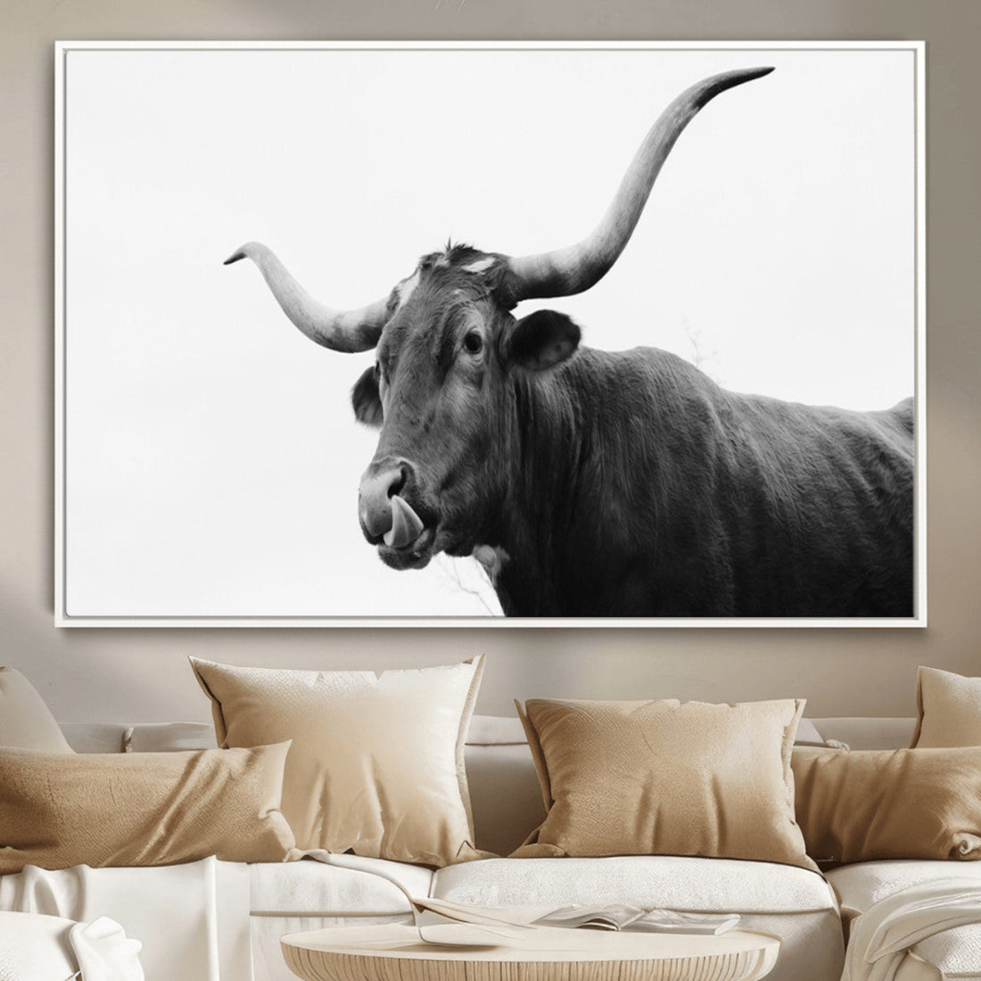 Longhorn Photography Wall Art Canvas Print, Framed Black and White Western Bull