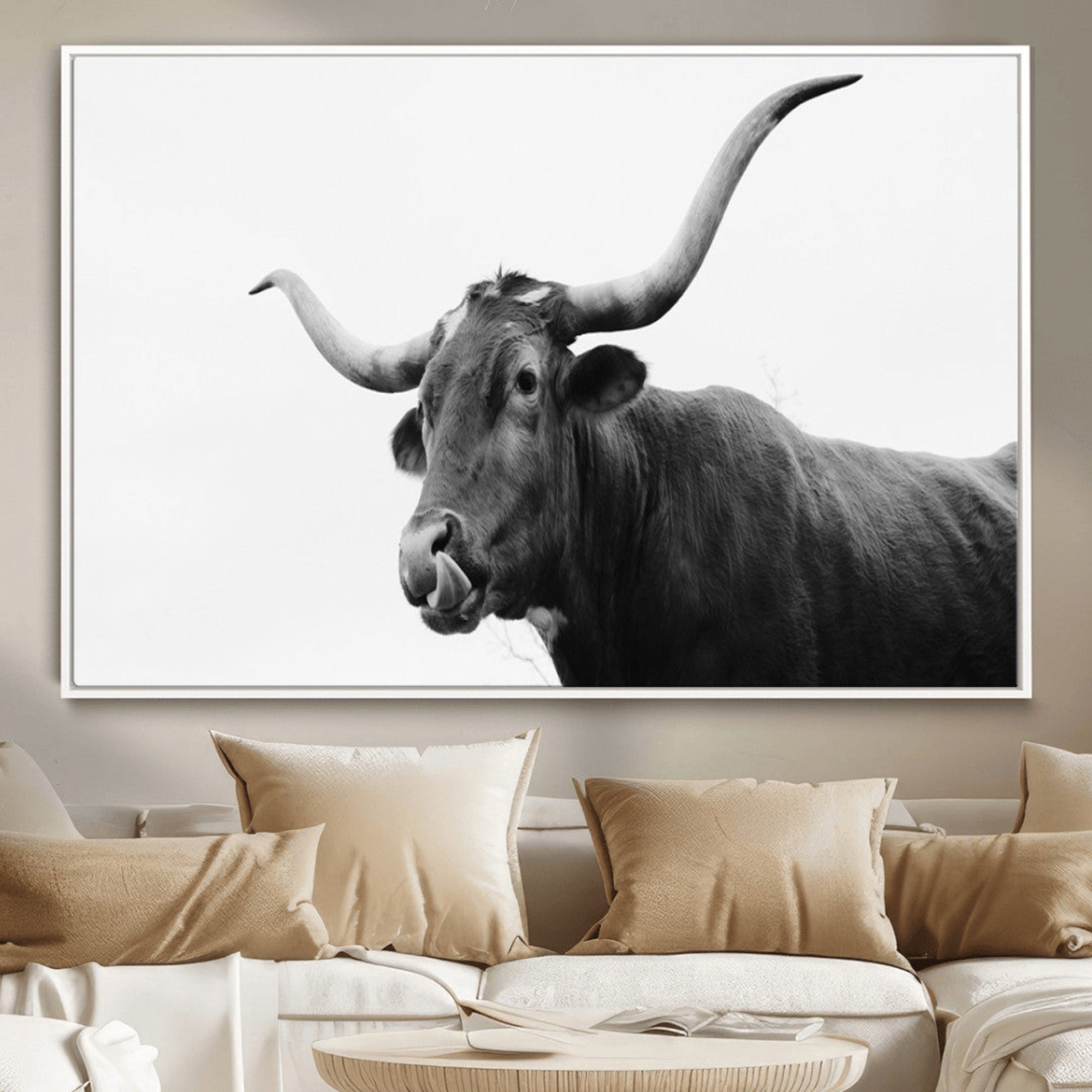 Black and white portrait of a longhorn cow looking toward the camera, ideal for modern rustic or western farmhouse wall decor.
