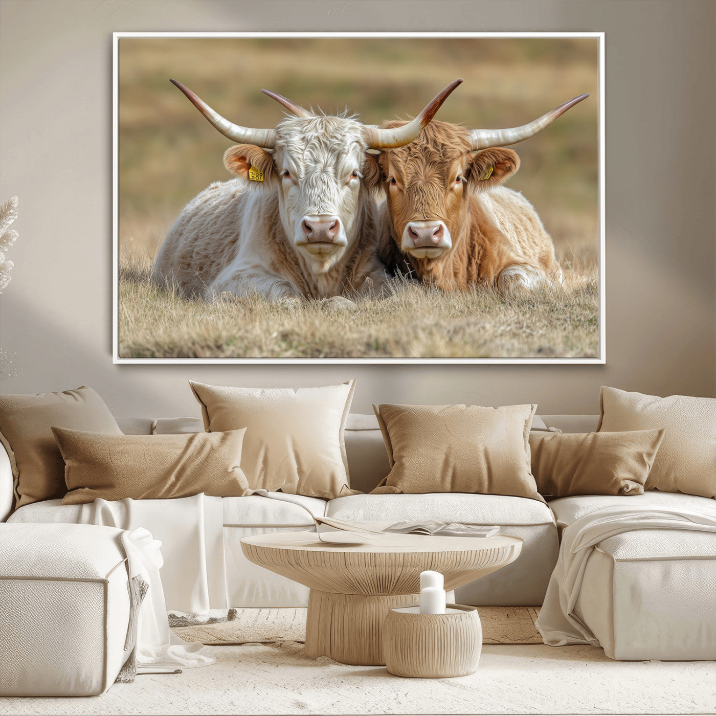Two cows laying closely in a dry grassy field, captured in soft light, perfect for rustic farmhouse or western style home decor.