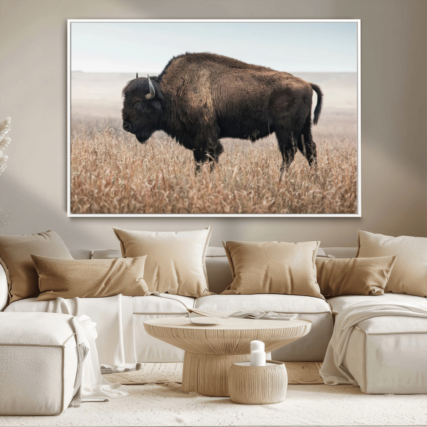 A lone bison stands in a vast prairie under a soft sky, evoking freedom and rustic charm for western or farmhouse inspired interiors.