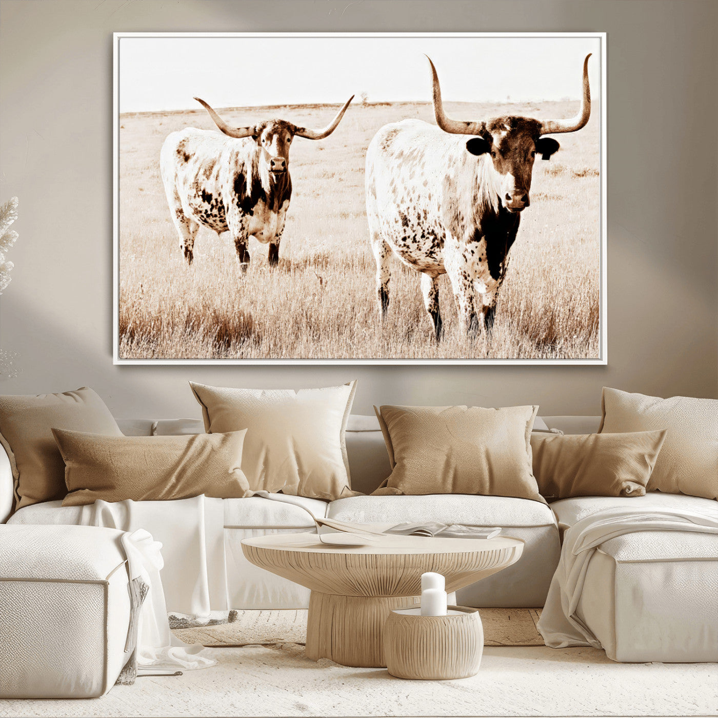 Two Texas longhorn cows standing in a sepia-toned pasture, evoking rustic charm perfect for farmhouse or western country interiors. (