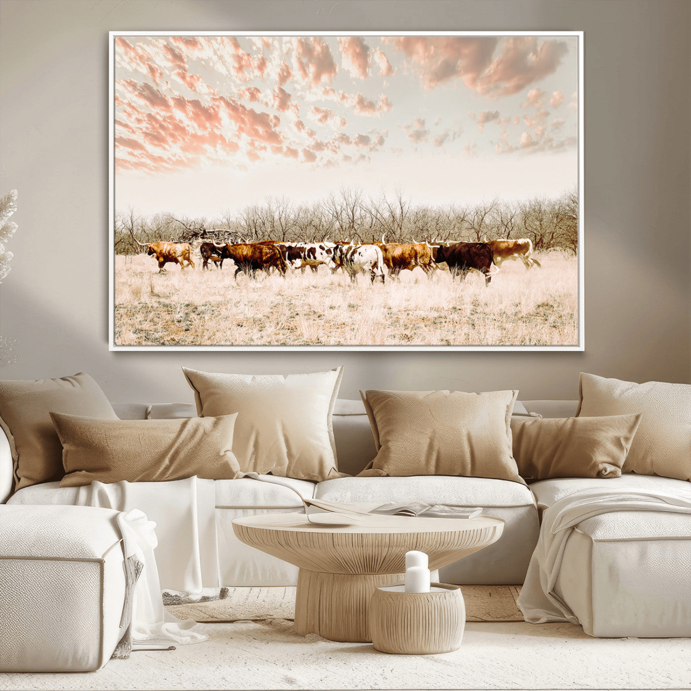 Cattle herd in a soft-toned field under a pastel pink sky, creating a peaceful rustic feel, perfect for farmhouse or western-themed spaces.