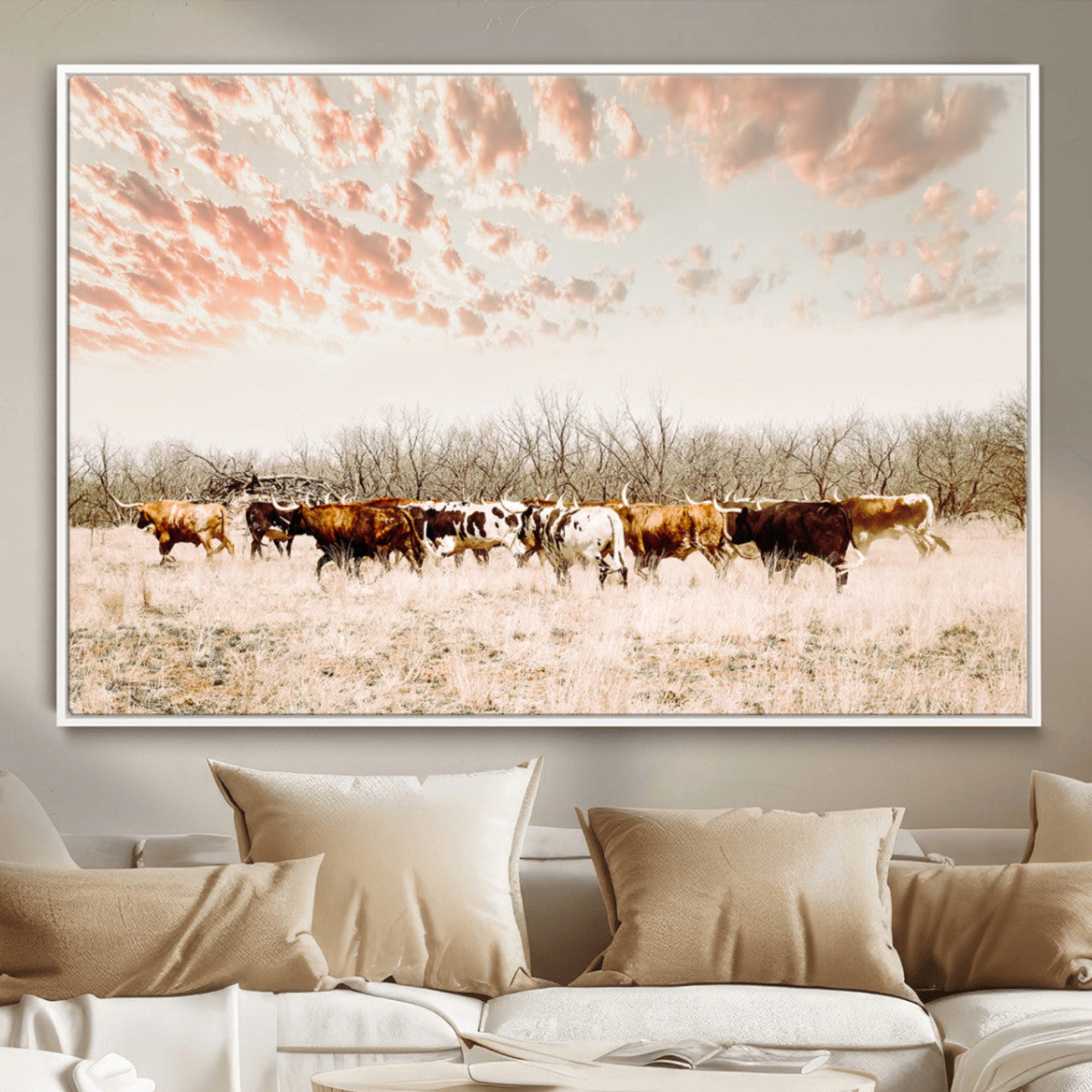 Cattle herd in a soft-toned field under a pastel pink sky, creating a peaceful rustic feel, perfect for farmhouse or western-themed spaces.