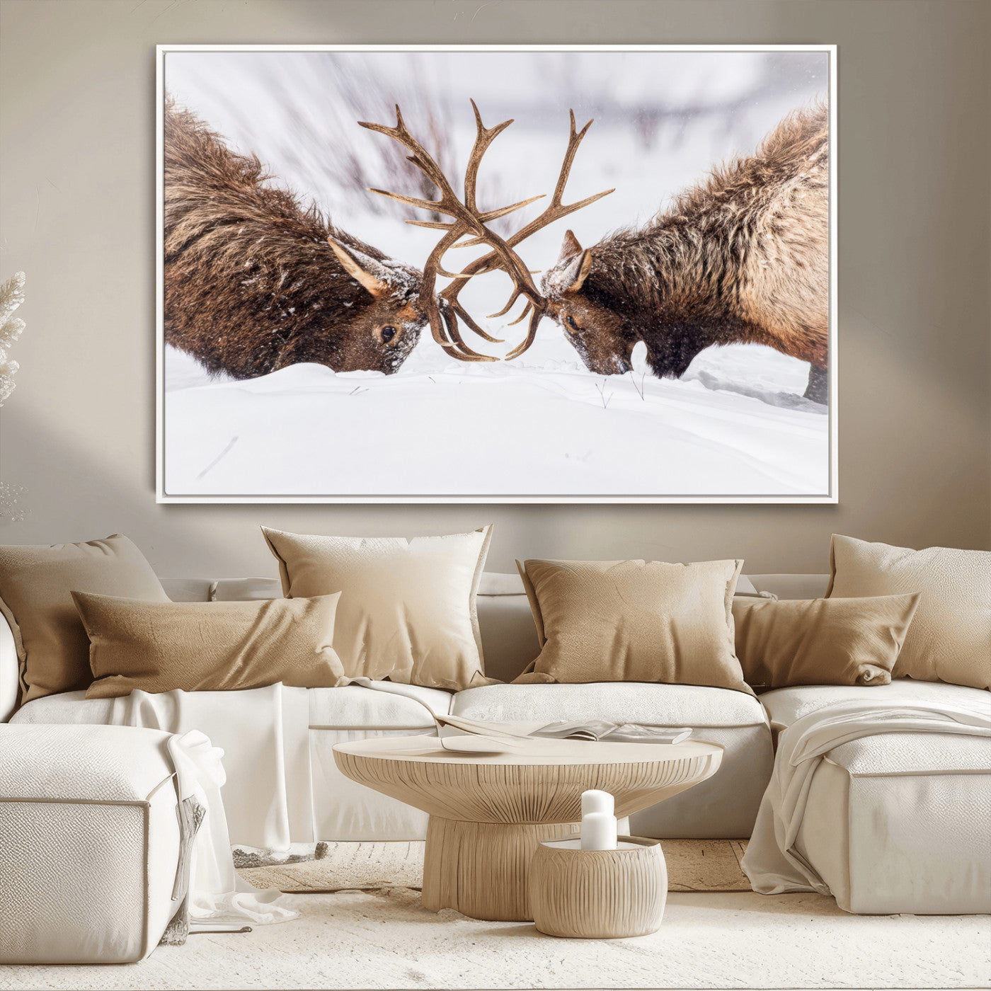 Two elk clashing antlers in a snowy forest, capturing raw power and wild energy, ideal for rustic cabin or lodge-style decor.