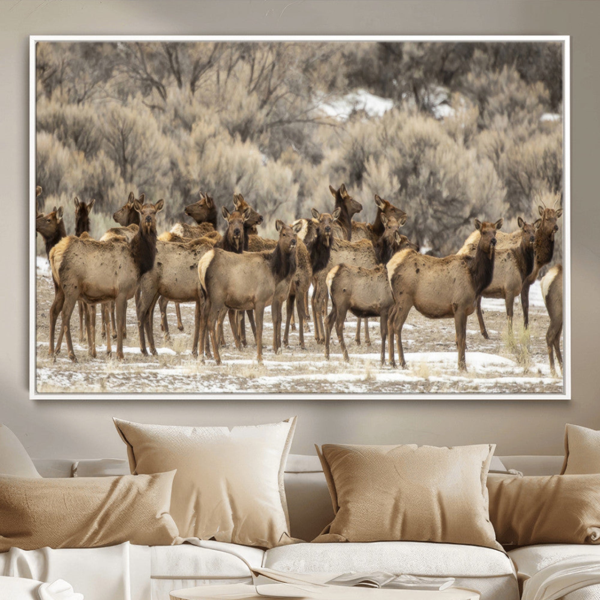 A large herd of elk standing in an open field with soft earthy tones, ideal for rustic lodge or western-themed home wall decor.