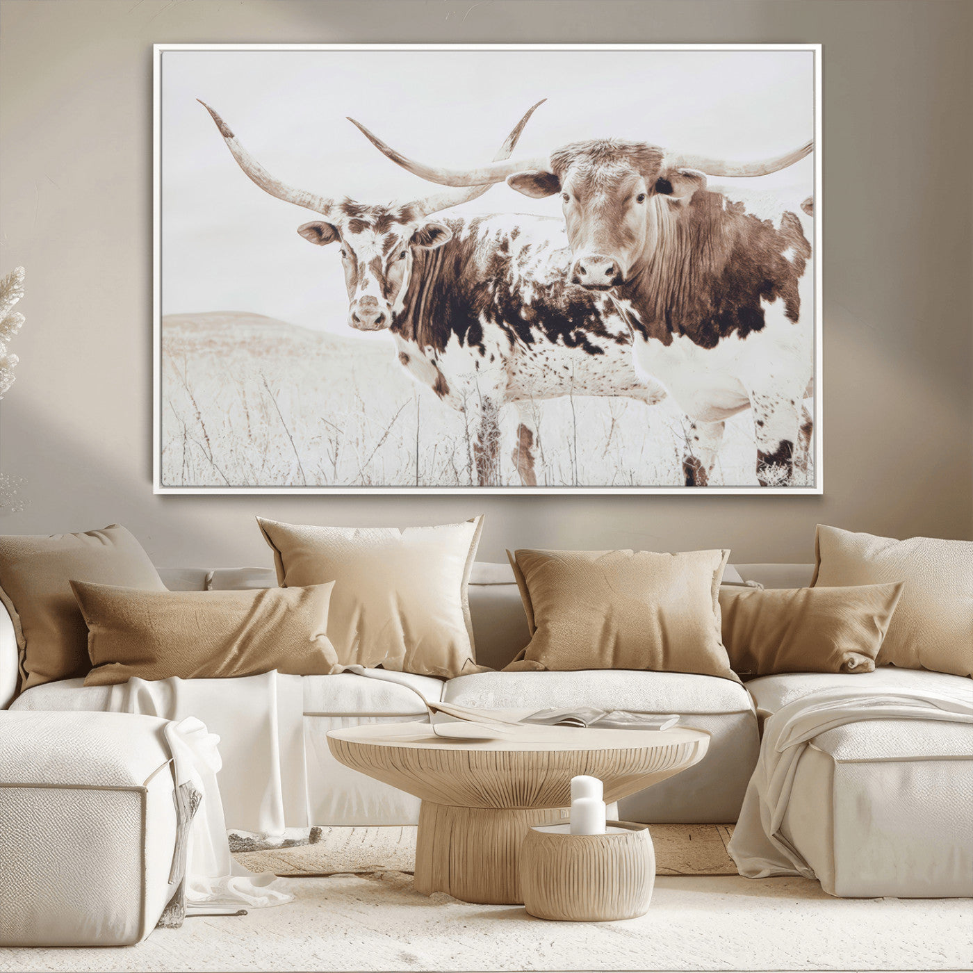 Two longhorn cows standing in a sepia-toned pasture with soft light, ideal for rustic or farmhouse-themed neutral wall decor.