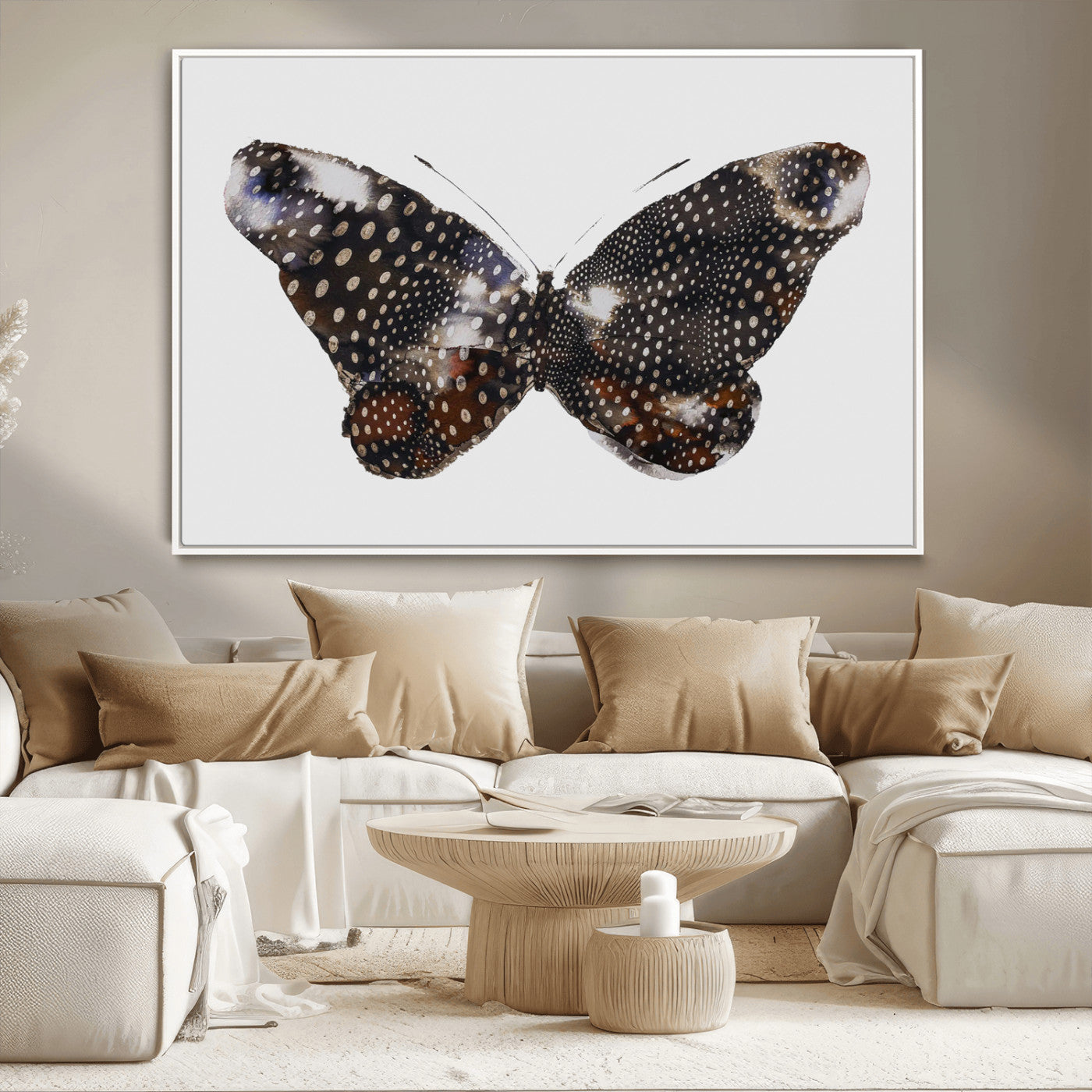 MGV-FC-36X24 - Spotted Butterfly Wall Art Canvas Print, Framed Neutral Insect Theme Art Picture Print, Earthy Wing Pattern Perfect Modern Rustic Decor Artwork