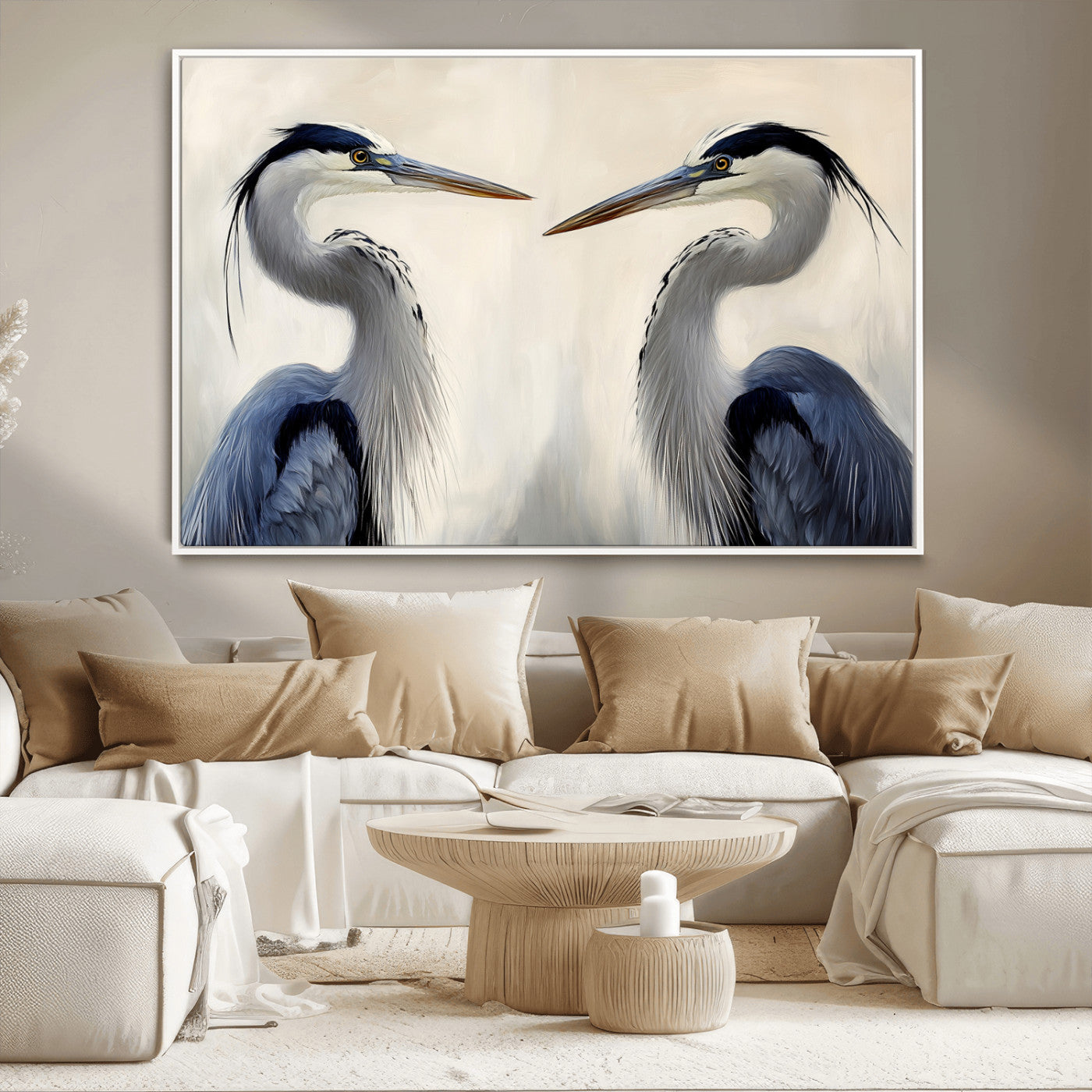 MGV-FC-36X24 - Blue Heron Pair Wall Art Canvas Print, Framed Coastal Bird Theme Art Picture Print, Tranquil Wildlife Scene Perfect Coastal Minimalist Decor Artwork
