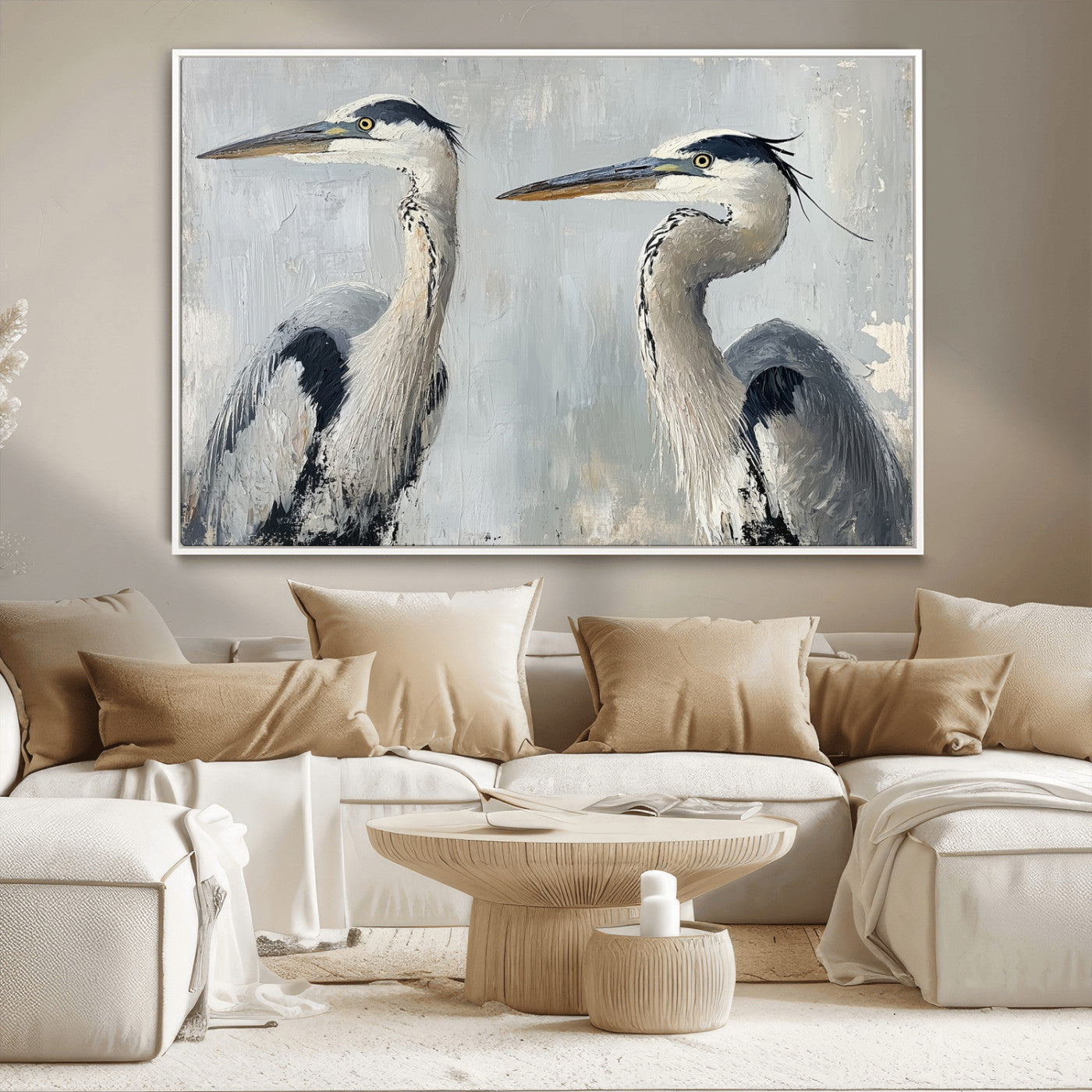 Two elegant herons in profile with soft brush strokes and blue-grey tones, ideal for serene, coastal, or minimalist interior decor.