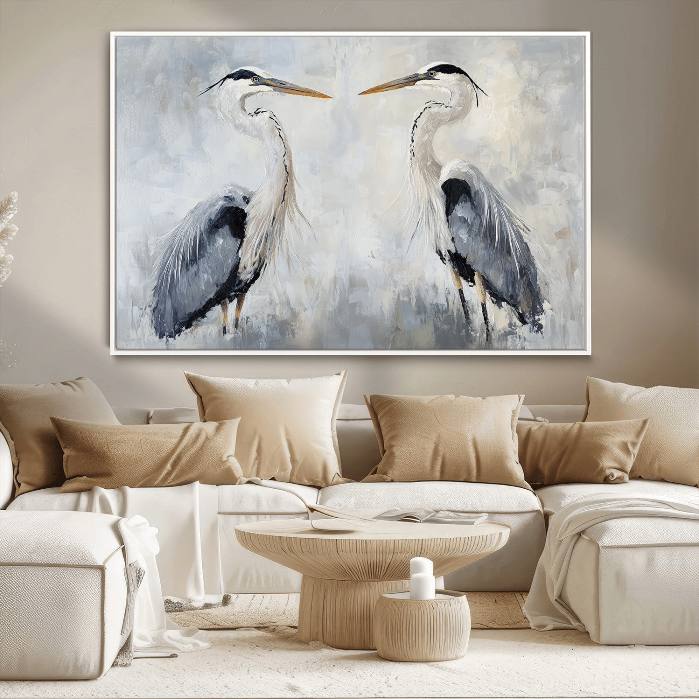 Two herons facing each other on a soft-toned background with blue-grey feathers, perfect for tranquil, coastal or nature-themed interiors.
