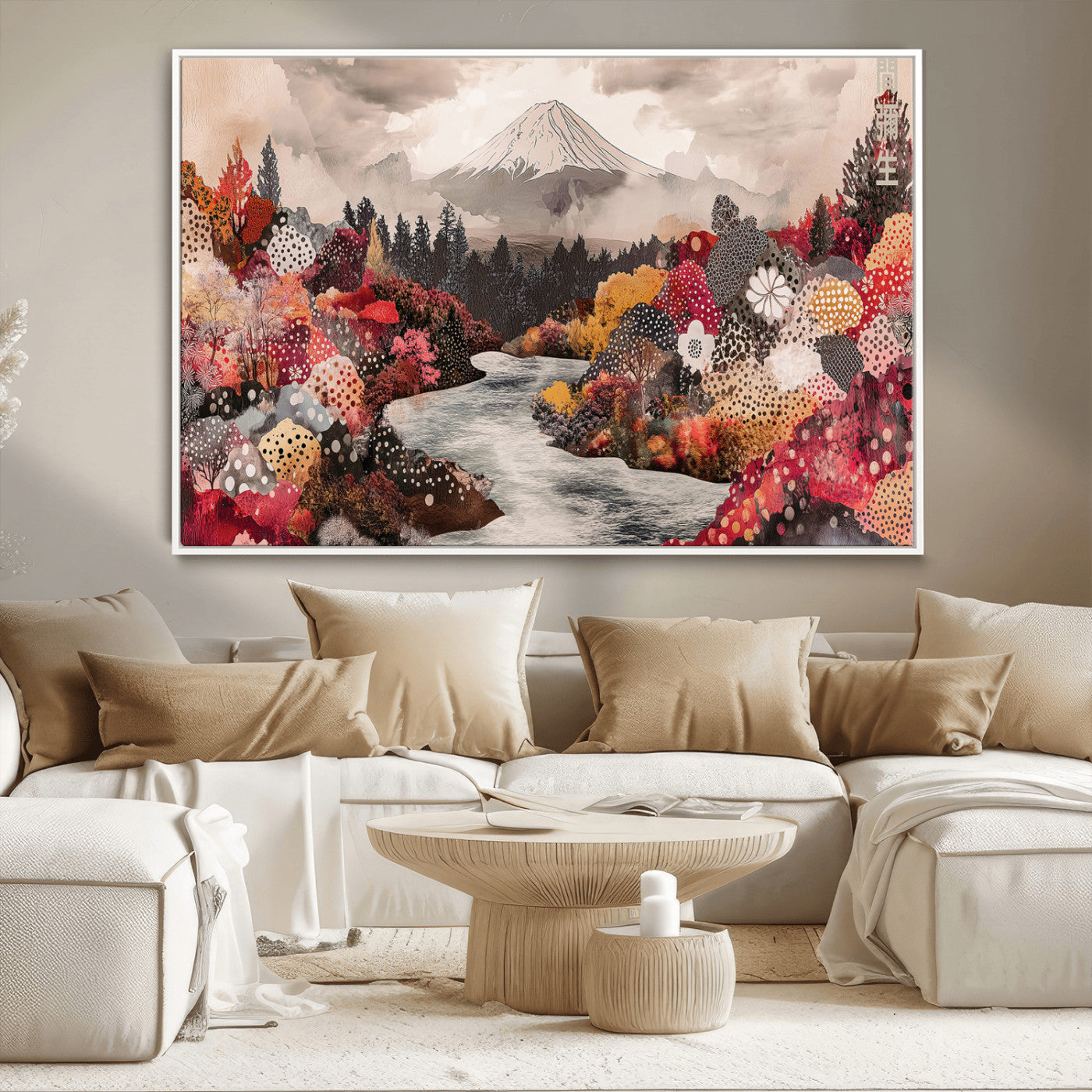 A whimsical mountain landscape with floral autumn trees, river, and misty peak, ideal for cozy, cottagecore, and nature-inspired wall decor.