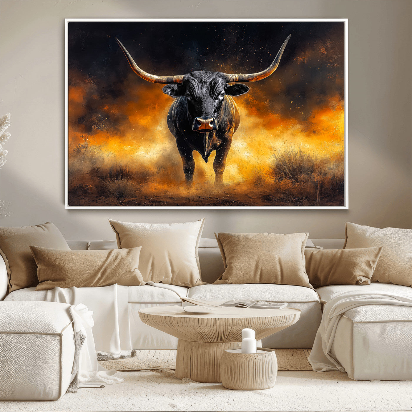 MGV-FC-36X24 - Longhorn Canvas Wall Art Canvas Print, Framed Bold Bull Wall Art Art Picture Print, Western Animal Decor Perfect Western Dramatic Decor Artwork
