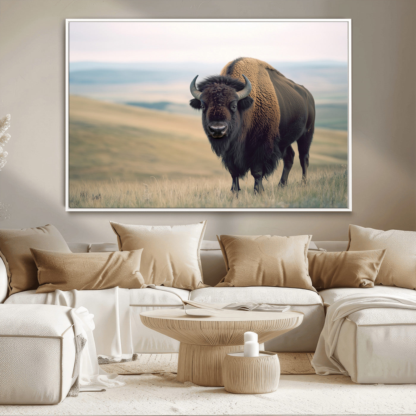 A bison standing strong on a grassy prairie with rolling hills in the background, perfect for rustic and Western-inspired wall decor.
