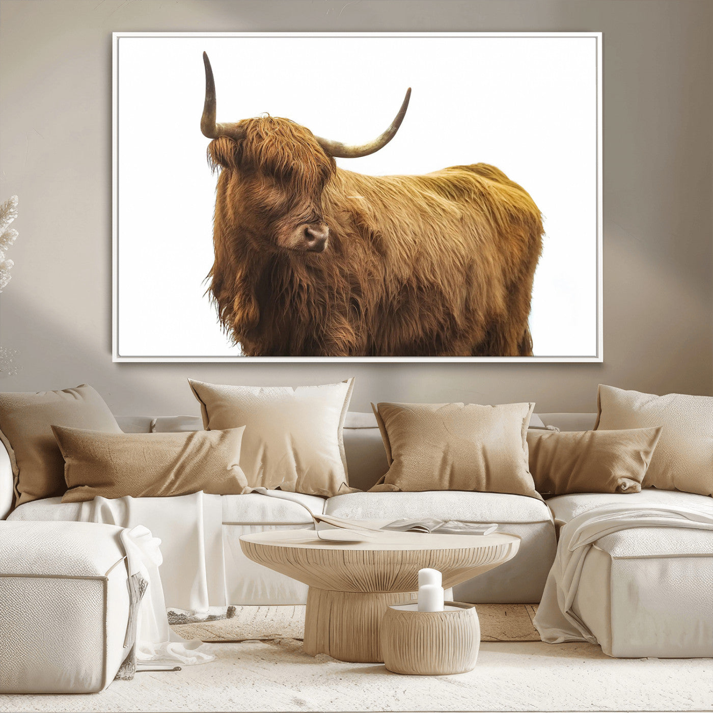 A highland cow with long horns and shaggy fur standing calmly, isolated on white background, ideal for rustic or farmhouse wall decor.