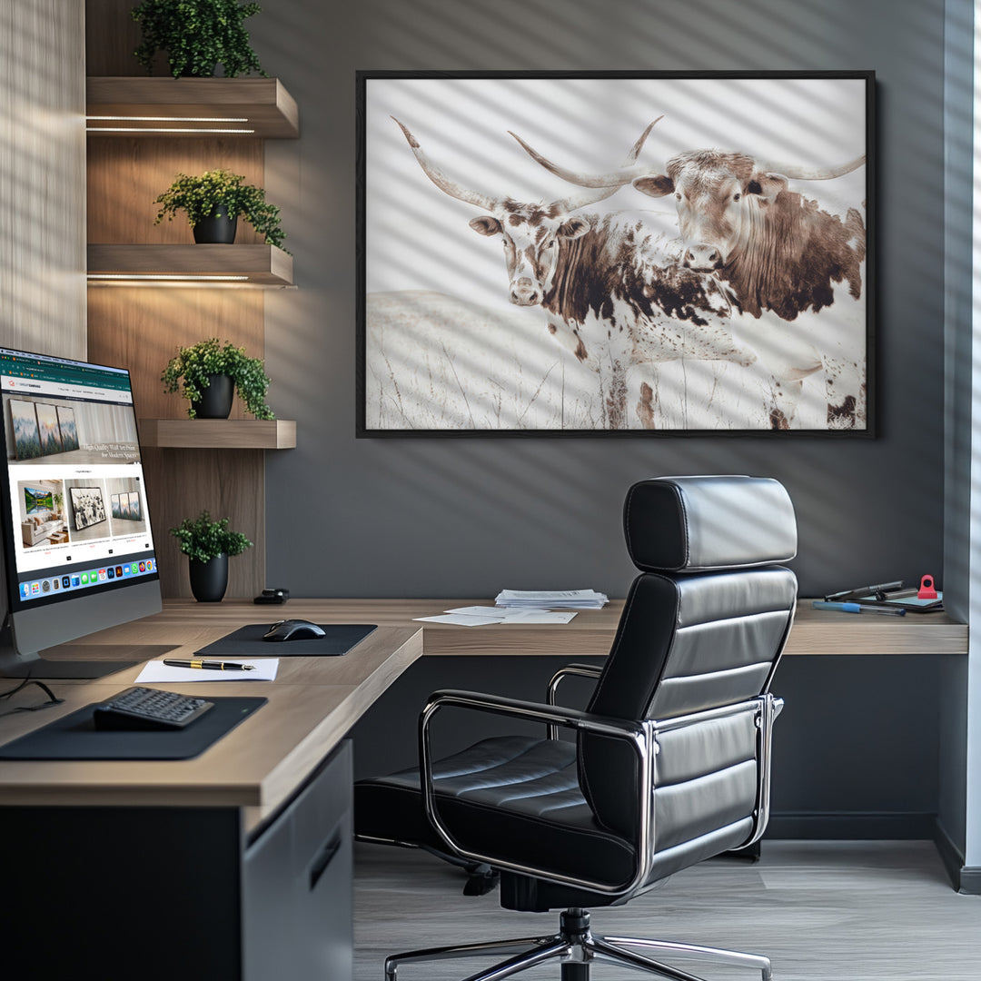 Longhorn Wall Art Canvas Print, Longhorn Wall Art Wall Art Canvas Print, Western Cow Canvas Print, Framed Rustic Farm Decor Art Print,