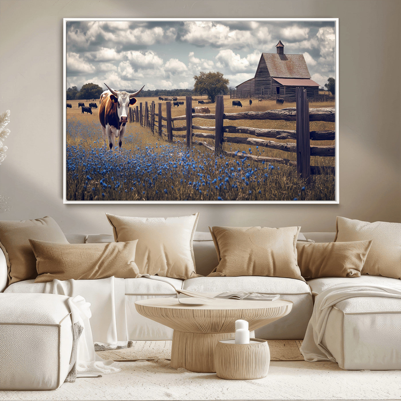 Framed canvas print of a Texas Longhorn near a rustic barn and fence, ideal for farmhouse or western-style home wall decor.