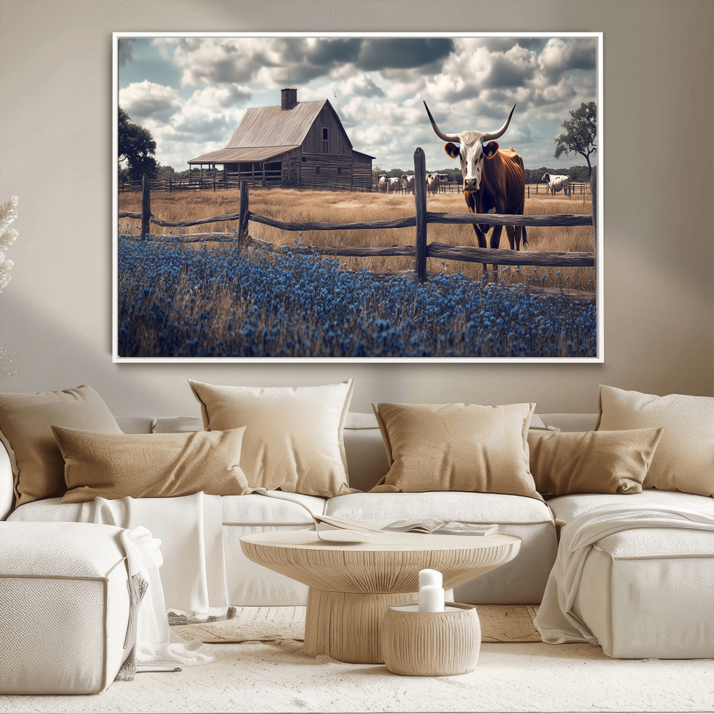 Framed canvas art of a Texas Longhorn cow near a rustic barn and bluebonnet field, ideal for country-style or farmhouse wall decor.