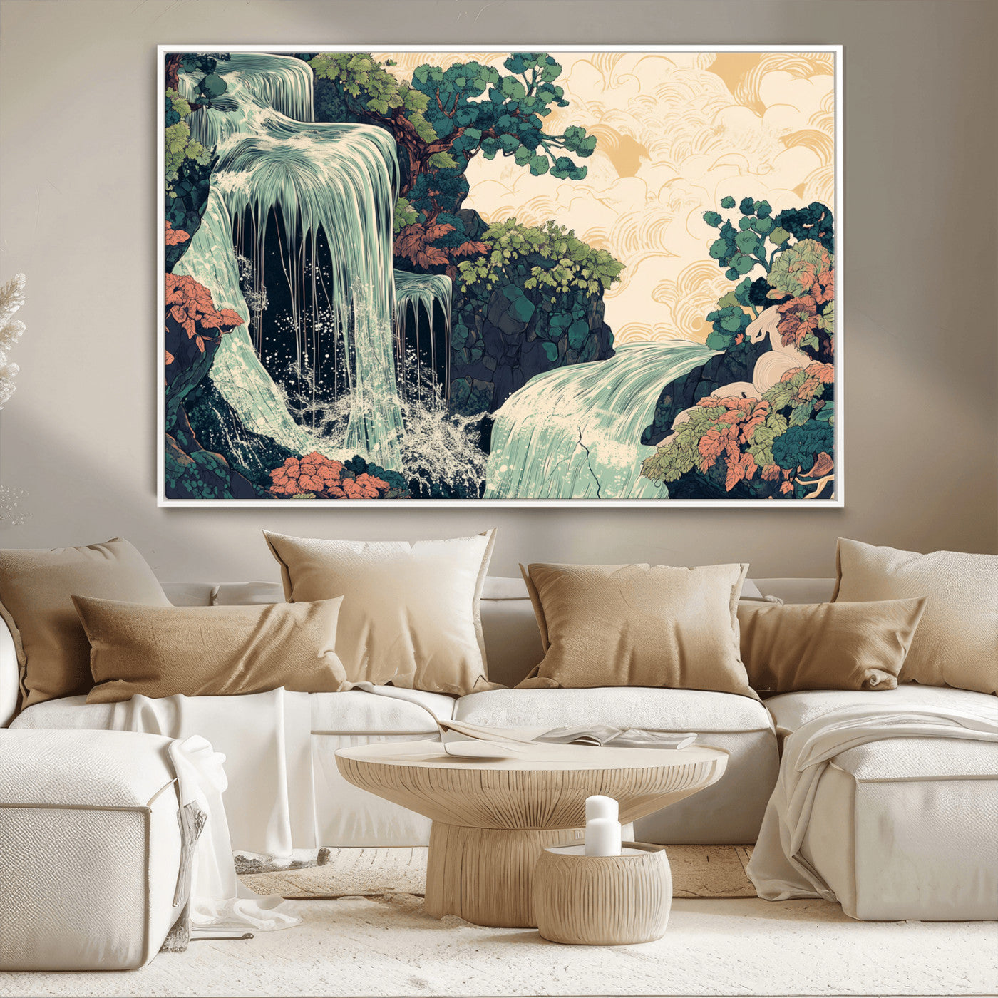 Stylized waterfall flowing through rocky terrain and lush foliage in an oriental art style, ideal for peaceful and nature-themed interiors.
