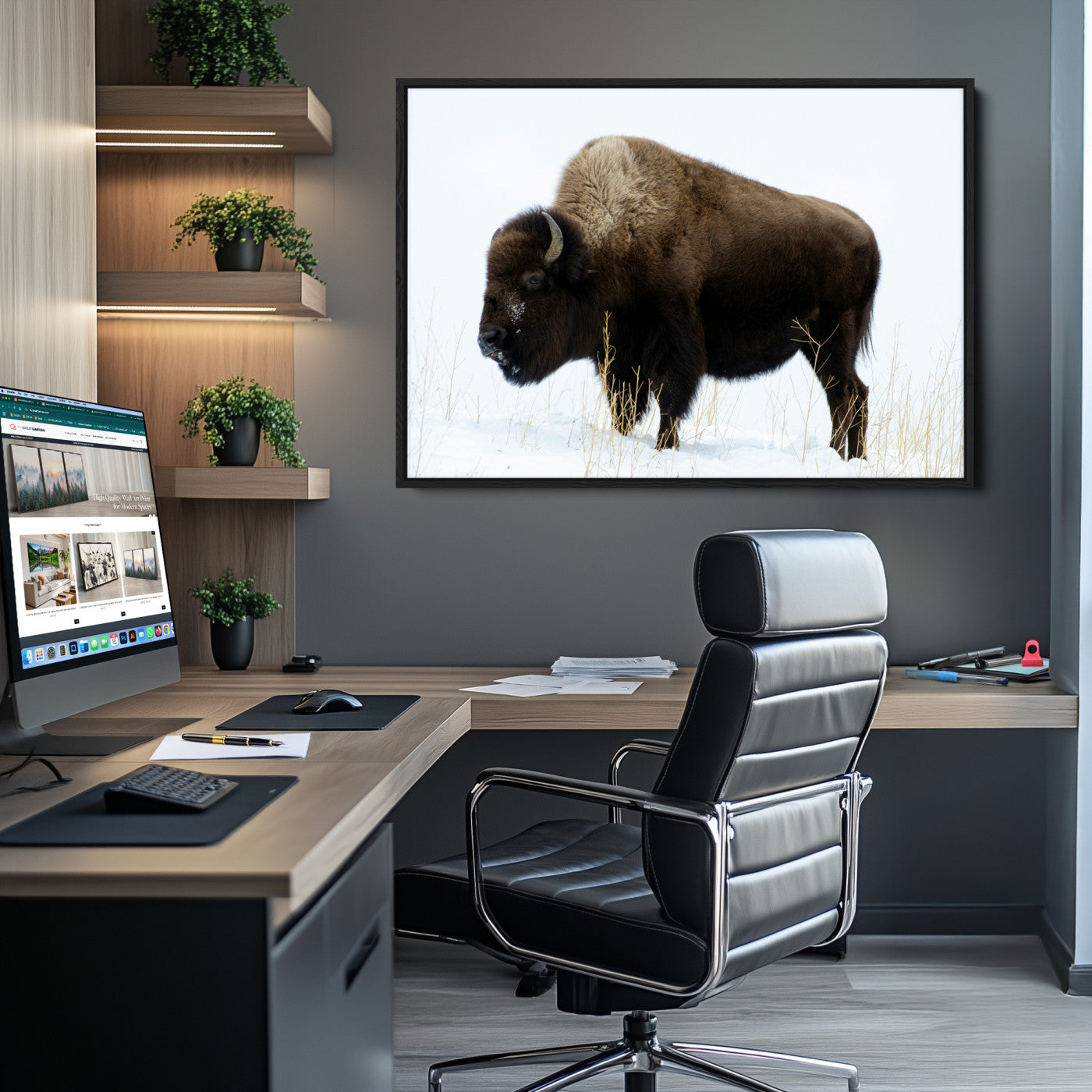 Bison Photography Wall Art Canvas Print, Framed Western Wildlife Art Picture Print, Buffalo On Snow Perfect Western Decor Artwork