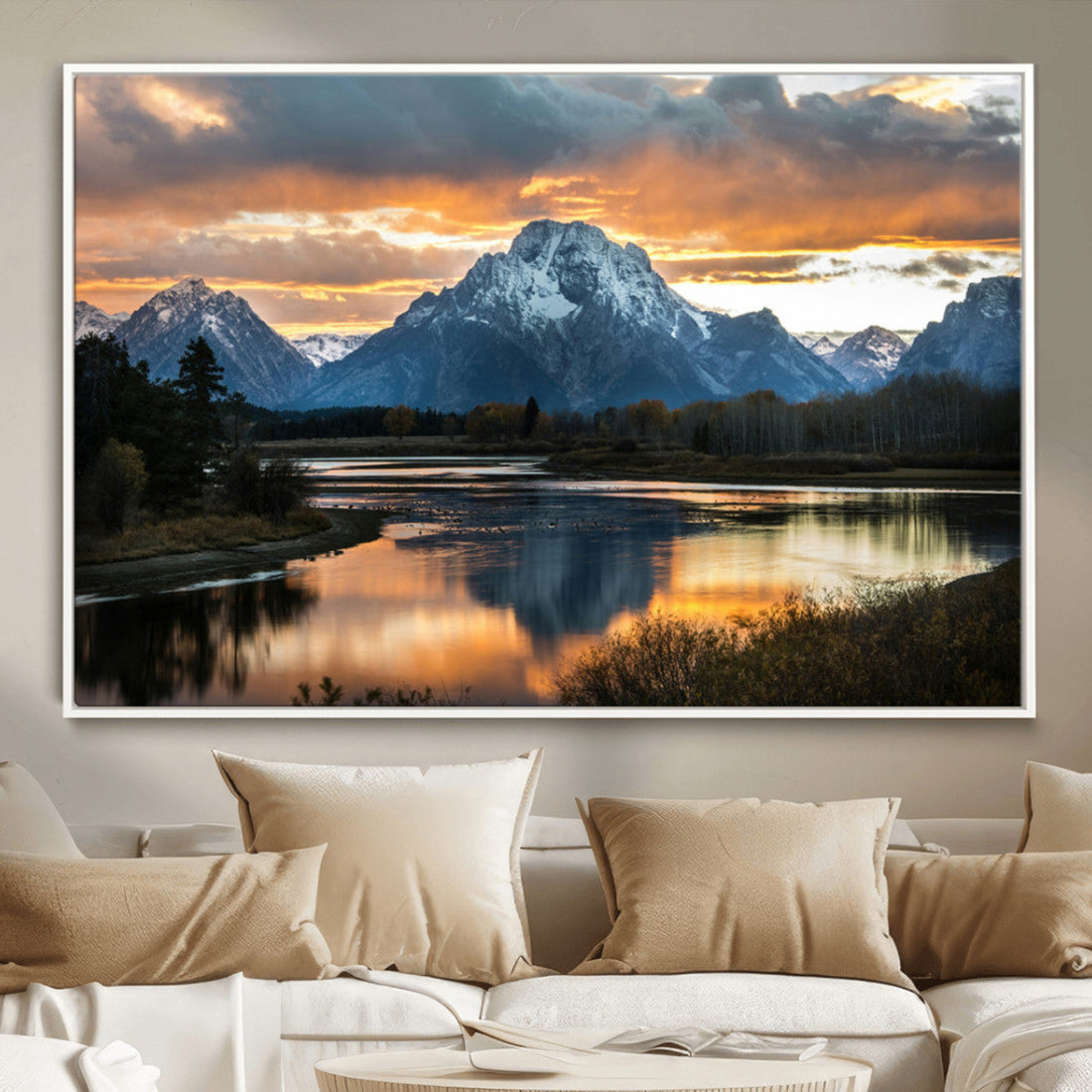 Mountain Sunset Wall Art Canvas Print, Framed Alpine Wilderness Art, Golden Hour Lake